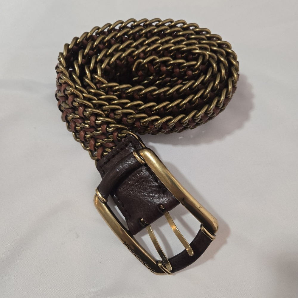 Vintage Michael Kors Heavy Brass Chain Woven Leather Belt 44" Wide 2.25"